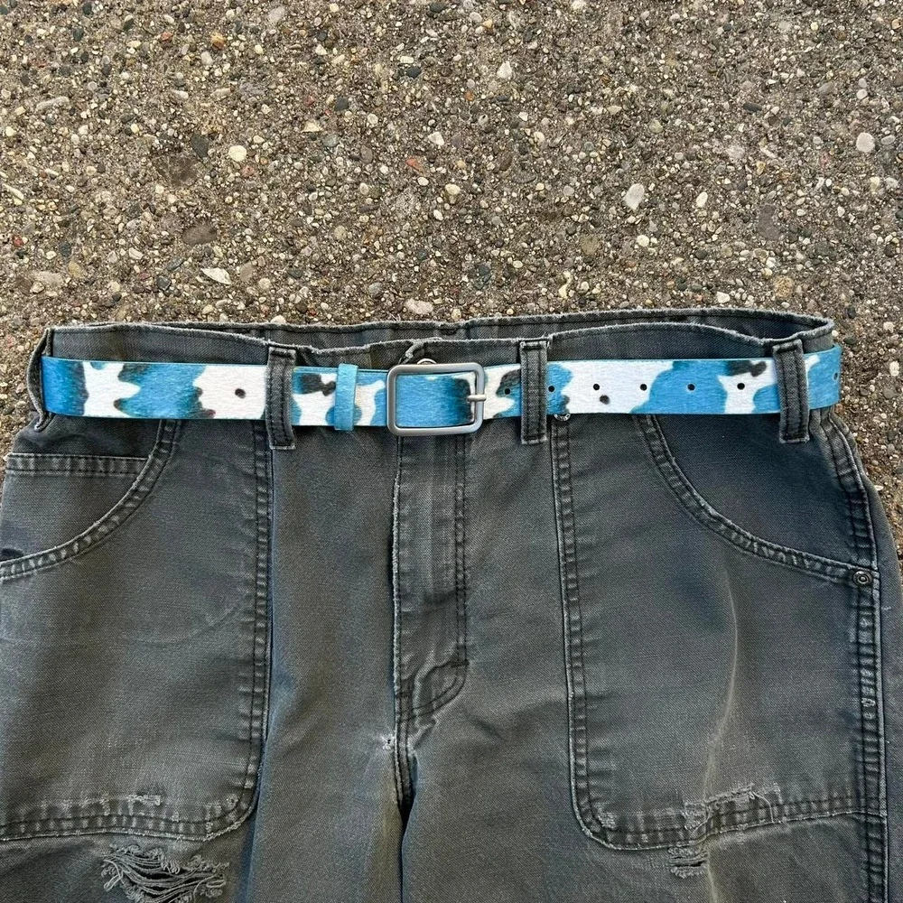 Vintage style cow fur belt american western boho blue and white